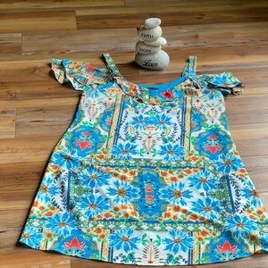 💖New Listing! Be by Chetta B, bright turquoise print w/off shoulder sleeves